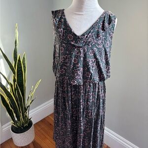 LOFT Paisley Midi Dress - Dark Green and Pink